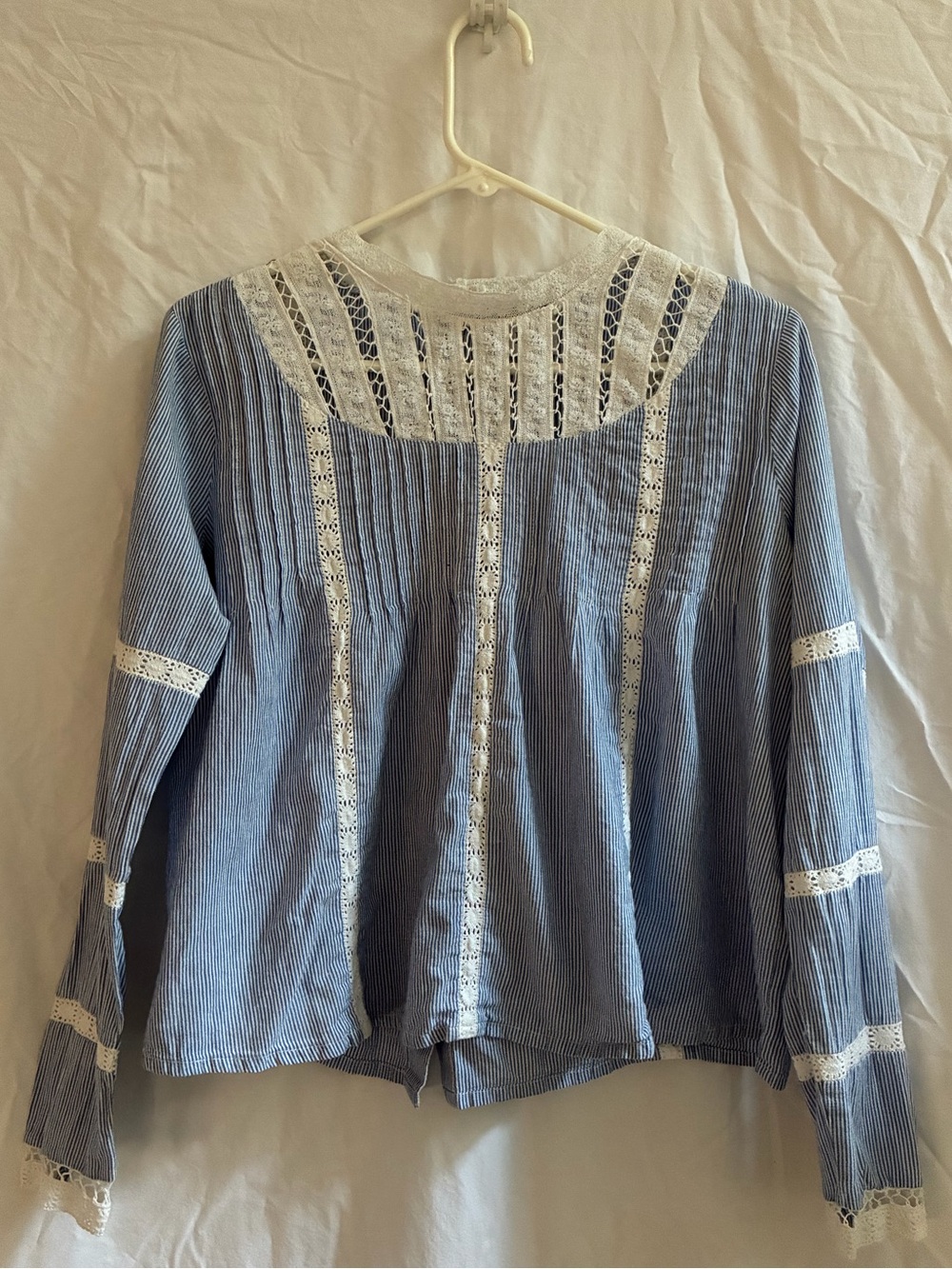 LINI Blue and White Striped Lace-Trim Blouse